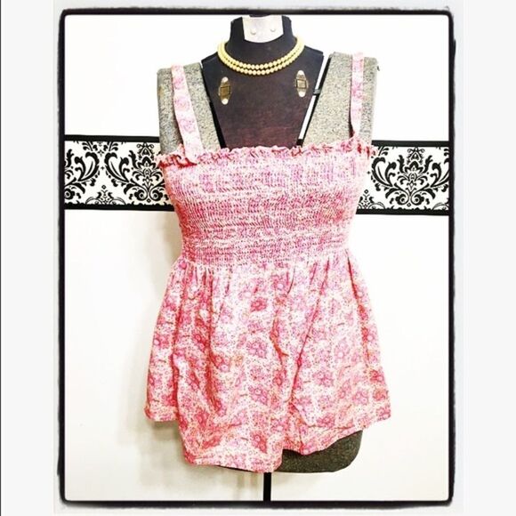 𝅺vintage Pink Floral Bohemian Maternity Shirt Shirred Stretch Tank Top Medium - Picture 1 of 2